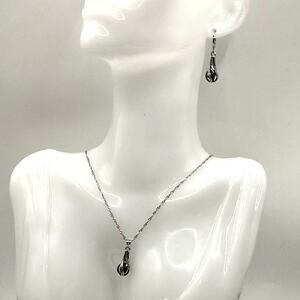 925 Silver Necklace Earring Set CZ Black Diamonds Teardrop Fashion Birthday NEW!